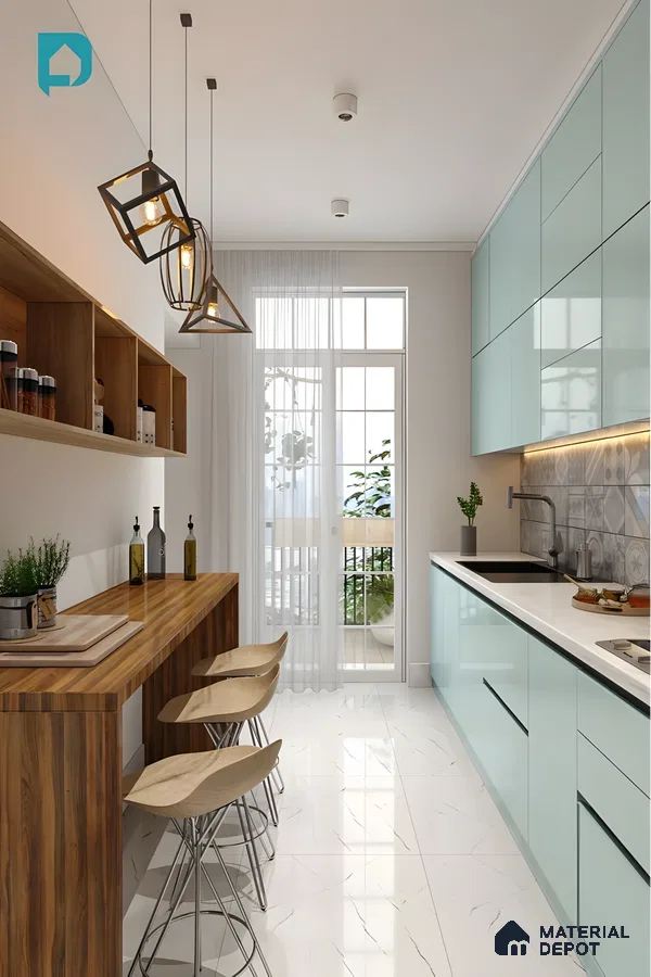 Serenity: Compact Parallel Kitchen With Pastel Blue Cabinets And Warm Wooden Breakfast Counter | Material Depot