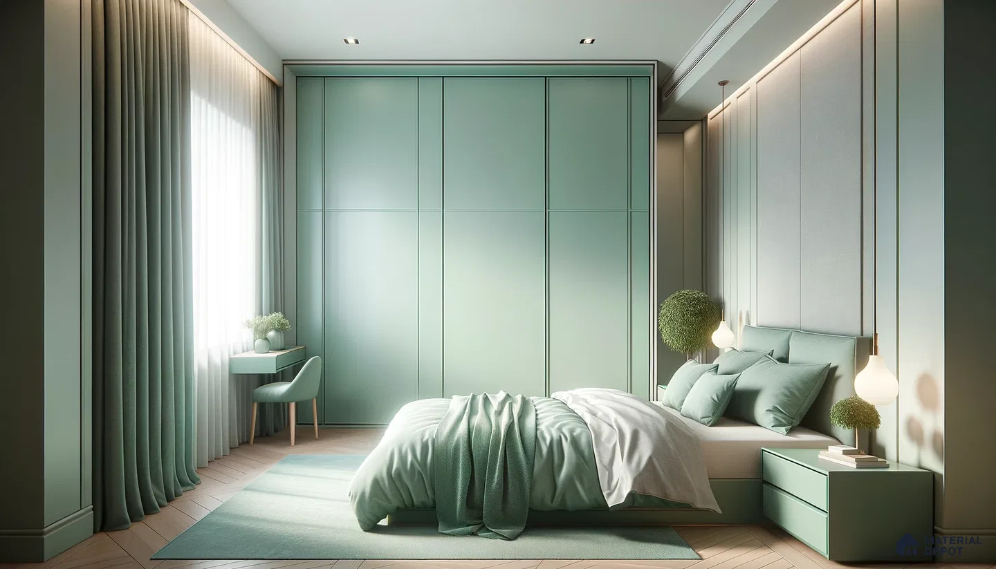 Serenity in a Modern Bedroom with Pastel Green Accents | Material Depot