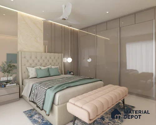 Modern master bedroom with serene tones, blue velvet accents, and chic design. A harmonious blend of simplicity and luxury.