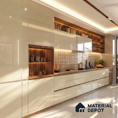 Modern kitchen with high gloss beige laminate, walnut wood accents, and cream subway backsplash tiles