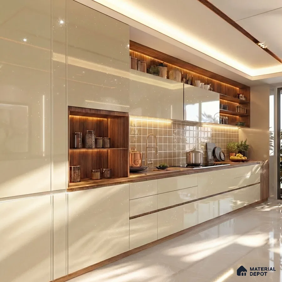 Modern kitchen with high gloss beige laminate, walnut wood accents, and cream subway backsplash tiles