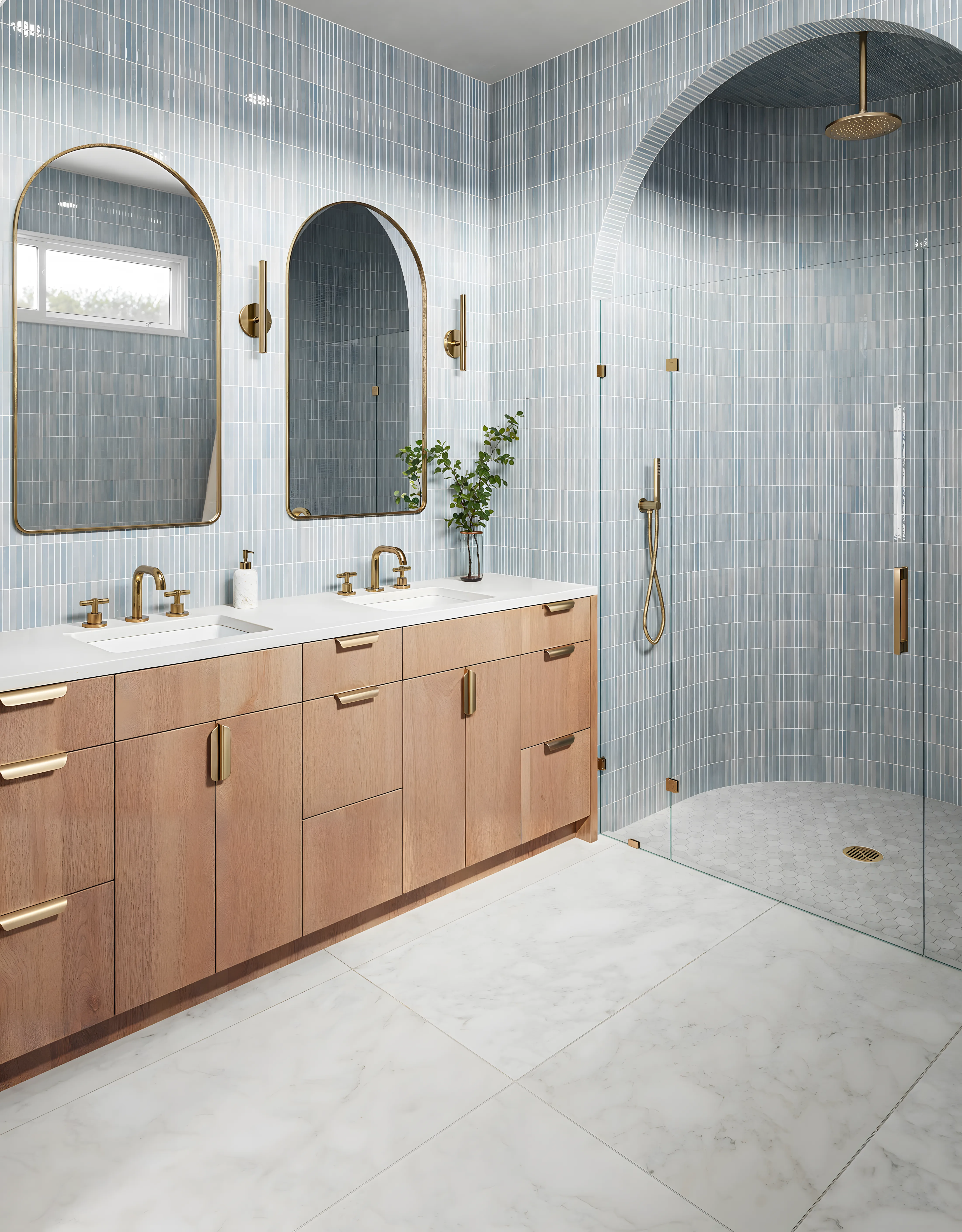 Shower and Warm Wood Vanity with blue subway tiles Shriram Chirping Grove Sarjapur Road | Material Depot