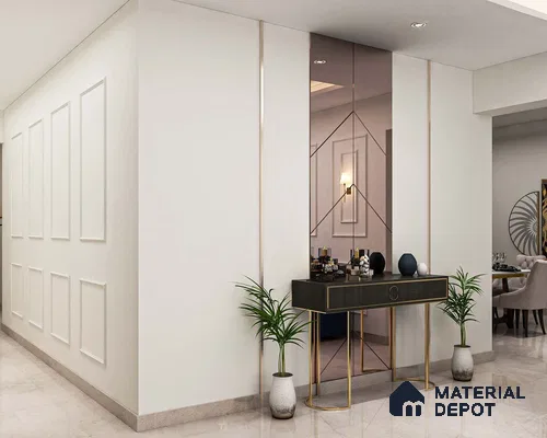 Foyer with white walls and marble tile flooring