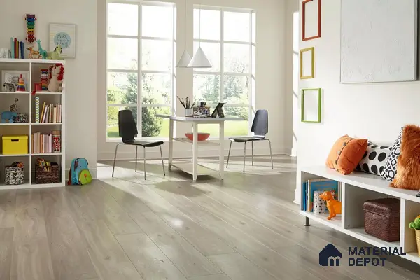 Study room with beige wooden laminate floor