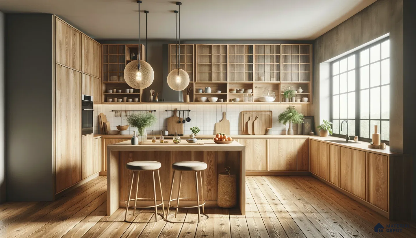 Simplistic Bohemian Kitchen with Warm Woods and Ambient Lighting | Material Depot