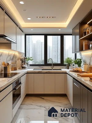 Skyline Sophistication: High-Rise Kitchen with Luxurious Marble and Panoramic City Views | Material Depot