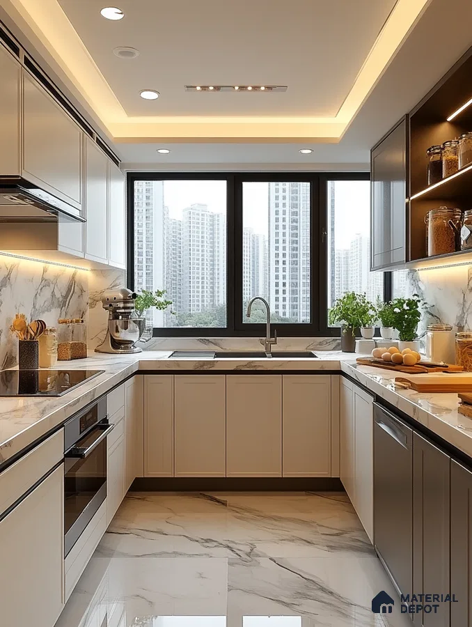 Skyline Sophistication: High-Rise Kitchen with Luxurious Marble and Panoramic City Views | Material Depot