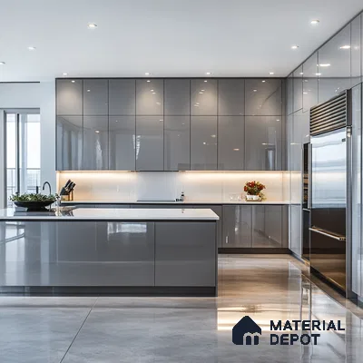 Sleek and Chic: Ultra-Modern High-Gloss Kitchen with Seamless Reflective Surfaces and Minimalist Appea | Material Depot