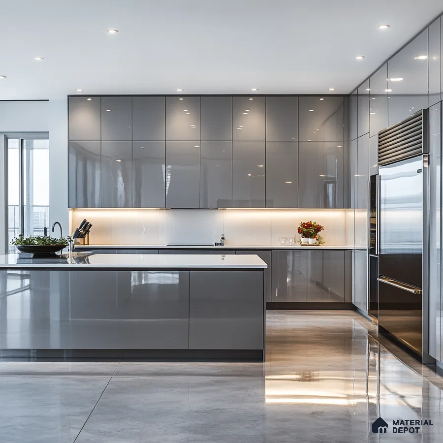 Sleek and Chic: Ultra-Modern High-Gloss Kitchen with Seamless Reflective Surfaces and Minimalist Appea | Material Depot