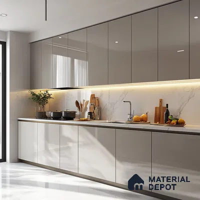 Sleek and Minimalist Gray Kitchen with Marble Backsplash and Modern Fixtures | Material Depot
