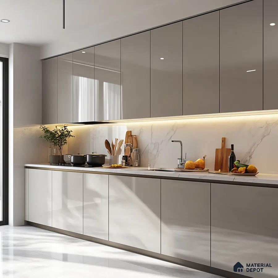 Sleek and Minimalist Gray Kitchen with Marble Backsplash and Modern Fixtures | Material Depot