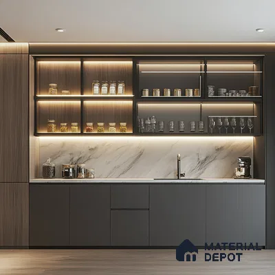 Sleek and Minimalist Modern Kitchen with Dark Cabinetry, Marble Backsplash, and Warm Wood Accents | Material Depot