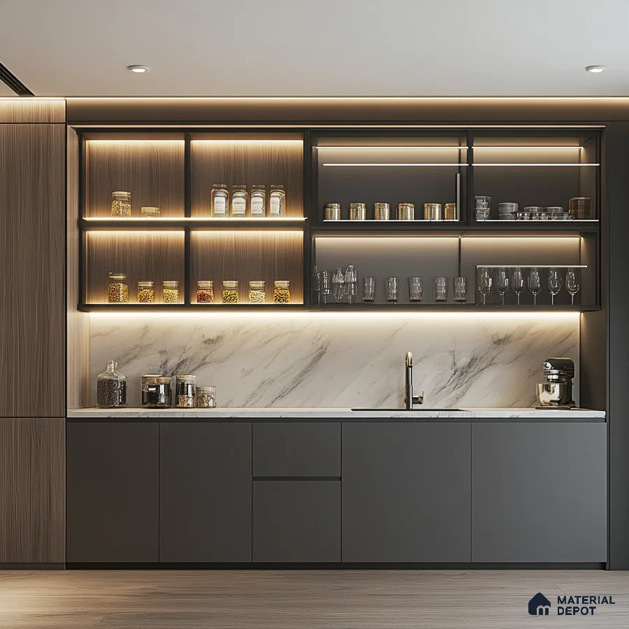 Sleek and Minimalist Modern Kitchen with Dark Cabinetry, Marble Backsplash, and Warm Wood Accents | Material Depot