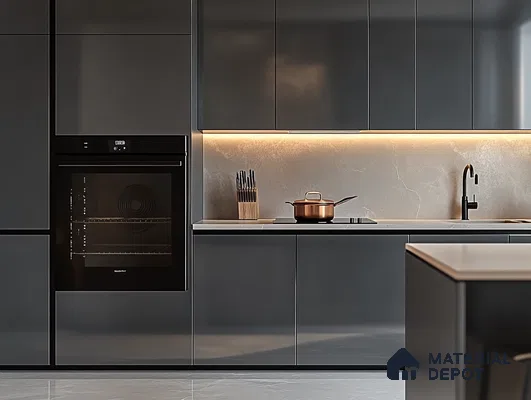 Sleek and Modern Charcoal Gray Kitchen with Integrated Lighting and Marble Backsplash | Material Depot