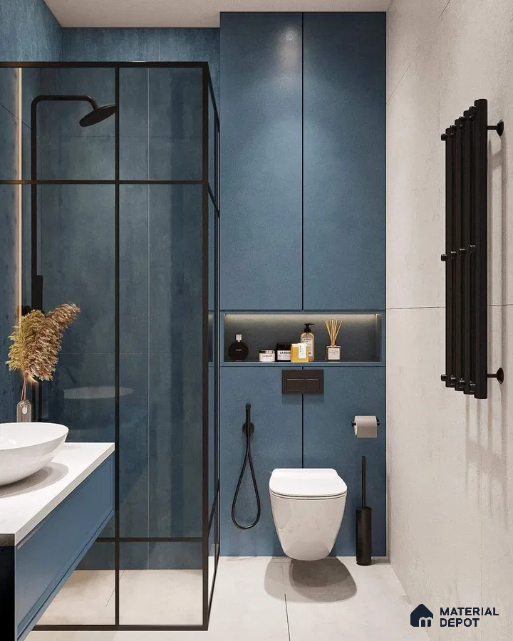 Sleek and Modern: Deep Blue Urban Bathroom | Material Depot