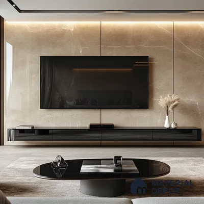 Sleek and Modern Living Room with Beige Marble Feature Wall | Material Depot