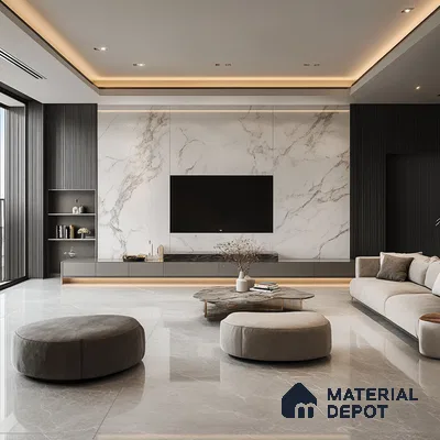 Sleek and Modern Living Room with Marble Feature Wall | Material Depot