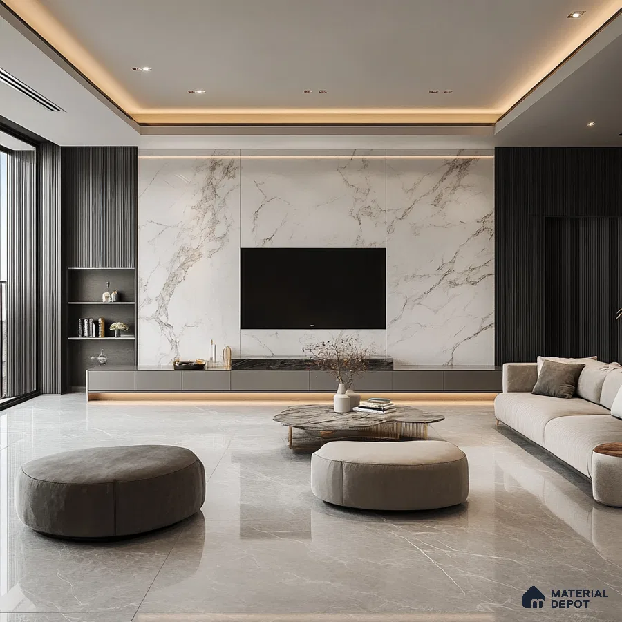 Sleek and Modern Living Room with Marble Feature Wall | Material Depot