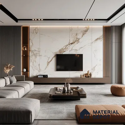 Sleek and Modern Living Room with Marble Feature Wall and Wood Accents | Material Depot