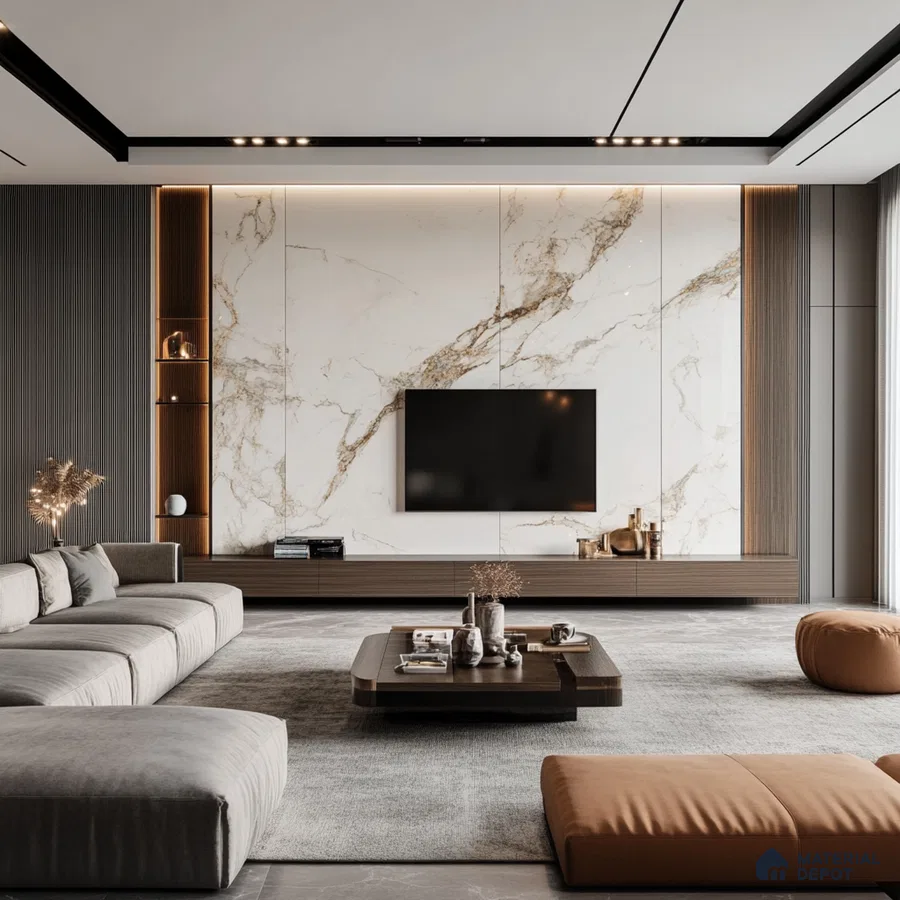 Sleek and Modern Living Room with Marble Feature Wall and Wood Accents | Material Depot