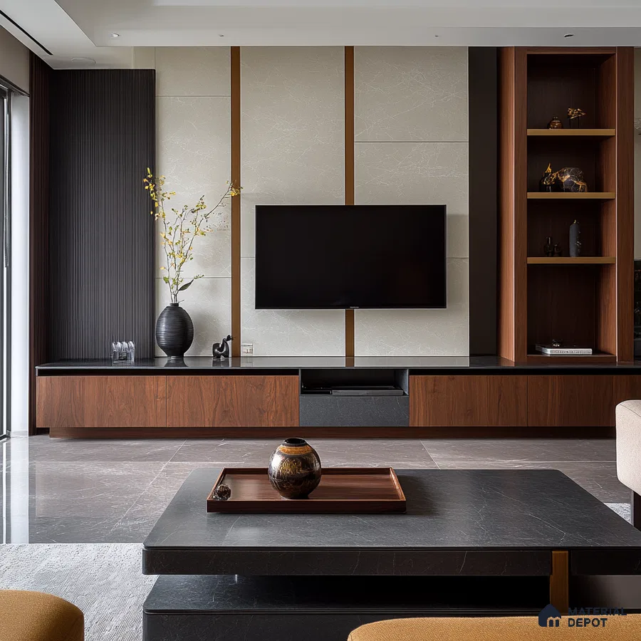 Sleek and Modern Living Room with Mixed Material Feature Wall | Material Depot