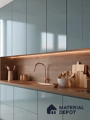 Sleek and Serene Kitchen: Soft Blue Tones with Warm Wood Accents | Material Depot