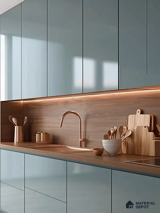 Sleek and Serene Kitchen: Soft Blue Tones with Warm Wood Accents | Material Depot