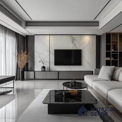 Sleek and Sophisticated: A Modern Living Room with a Marble Feature Wall | Material Depot