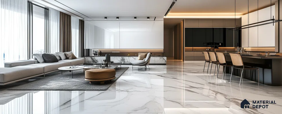 Sleek and Sophisticated: A Modern Open-Concept Living Space with Marble Flooring | Material Depot