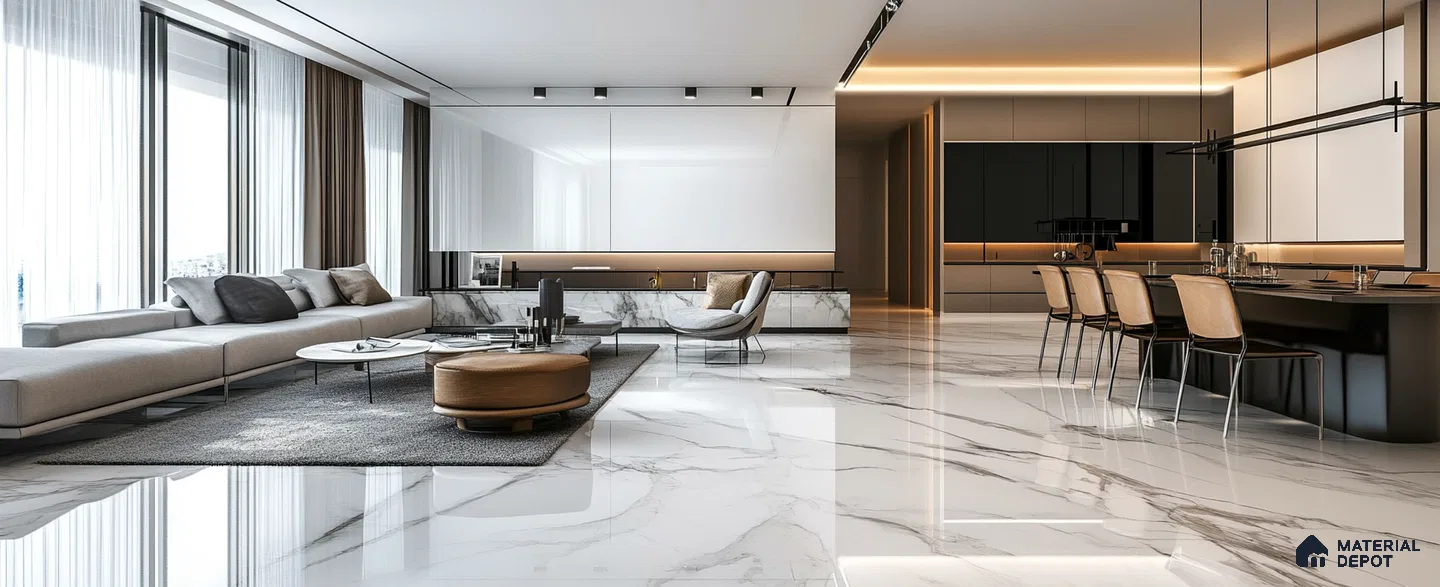 Sleek and Sophisticated: A Modern Open-Concept Living Space with Marble Flooring | Material Depot