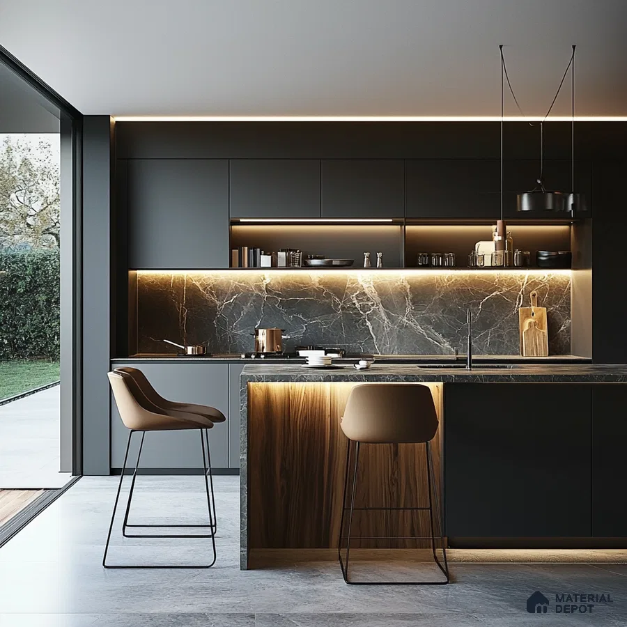 Sleek and Sophisticated Modern Kitchen with Dark Cabinetry, Marble Countertops, and Warm Wood Accents | Material Depot