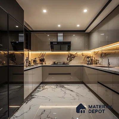 Sleek and Sophisticated U-Shaped Kitchen with Gray and Black Cabinetry, Marble Countertops, and LED Lighting | Material Depot