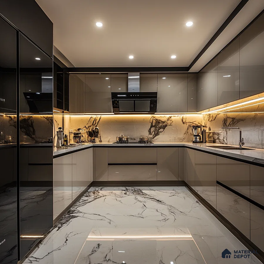 Sleek and Sophisticated U-Shaped Kitchen with Gray and Black Cabinetry, Marble Countertops, and LED Lighting | Material Depot