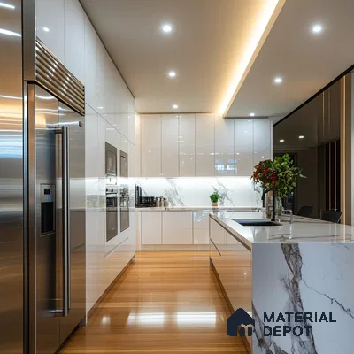 Sleek and Spacious Kitchen with High Gloss Finishes | Material Depot