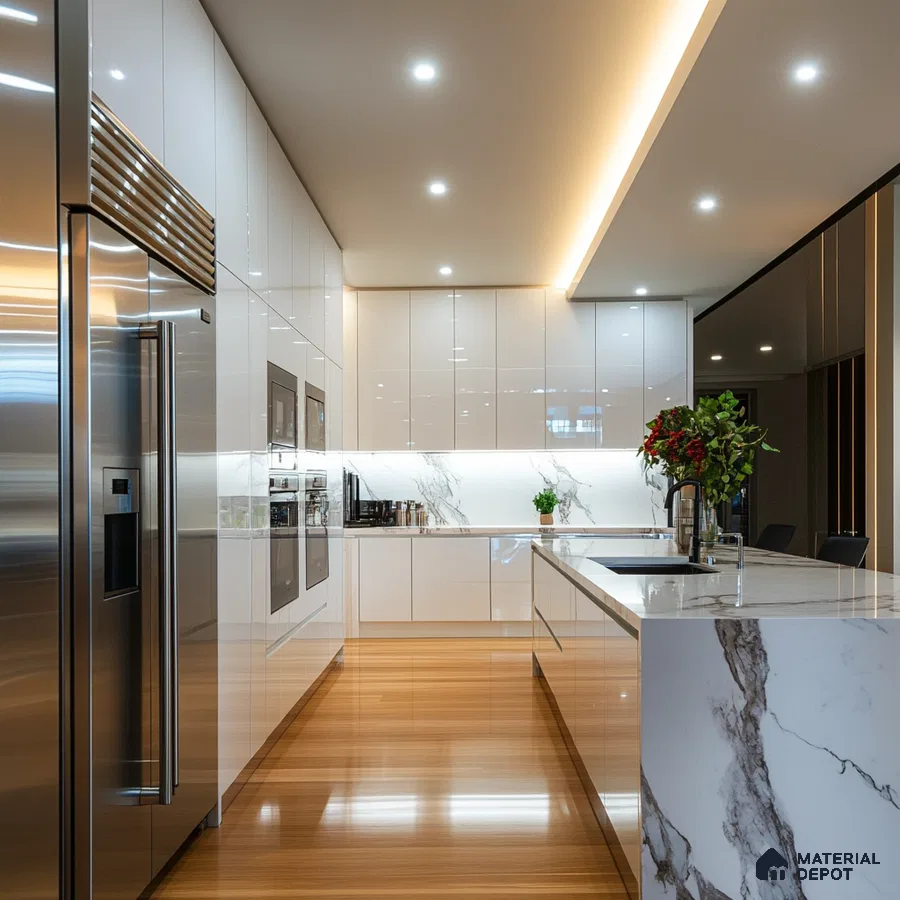 Sleek and Spacious Kitchen with High Gloss Finishes | Material Depot