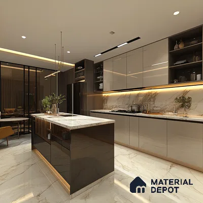 Sleek and Spacious Kitchen with Marble Features and Modern Aesthetics | Material Depot