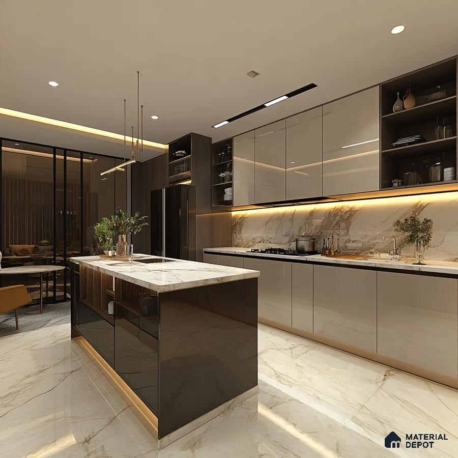 Sleek and Spacious Kitchen with Marble Features and Modern Aesthetics | Material Depot