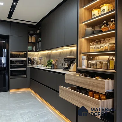 Sleek and Stylish: High-Contrast Kitchen with Integrated Storage | Material Depot