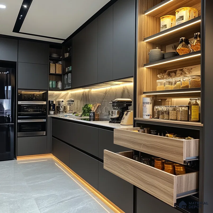 Sleek and Stylish: High-Contrast Kitchen with Integrated Storage | Material Depot