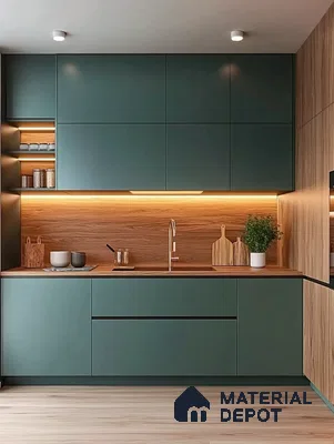 Sleek and Stylish Kitchen Design with Sea Green Cabinets and Warm Wood Accents | Material Depot