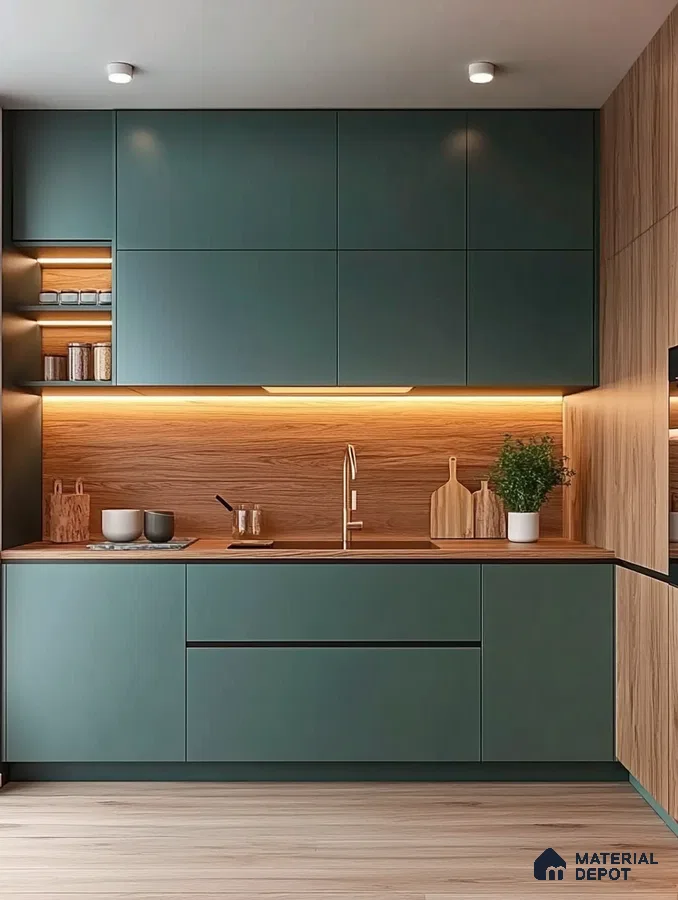 Sleek and Stylish Kitchen Design with Sea Green Cabinets and Warm Wood Accents | Material Depot