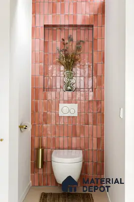 Sleek Bathroom With Orange Subway Backsplash | Material Depot