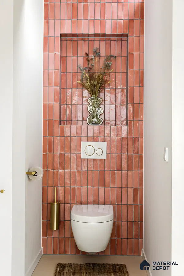 Sleek Bathroom With Orange Subway Backsplash | Material Depot