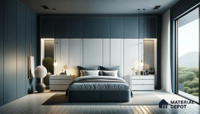 Sleek Bedroom Haven with Moody Blues and Reflective Surfaces | Material Depot