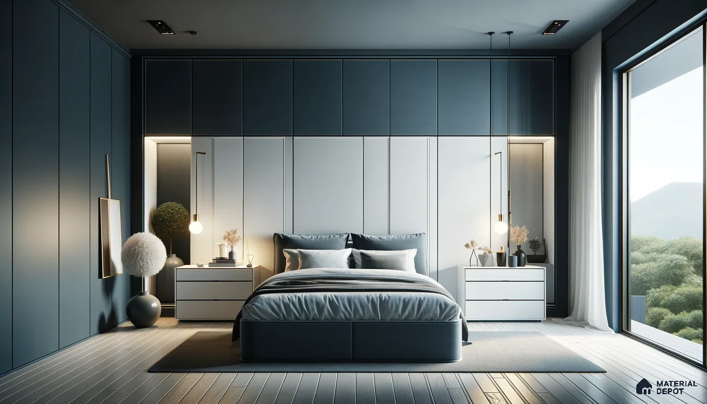 Sleek Bedroom Haven with Moody Blues and Reflective Surfaces | Material Depot