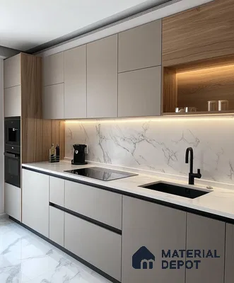 Sleek Beige and Walnut Kitchen with Marble Detailing | Material Depot