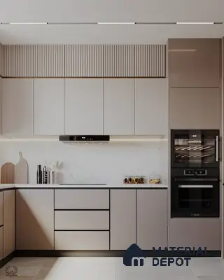 Sleek Beige Modular Kitchen With Fluted Detail And Built-In Black Appliances | Material Depot