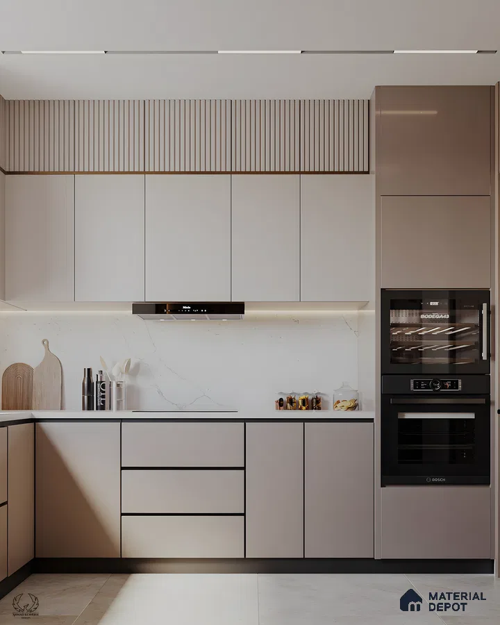 Sleek Beige Modular Kitchen With Fluted Detail And Built-In Black Appliances | Material Depot
