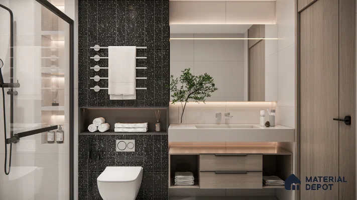 Sleek Black and White Modern Bathroom with Textured Wall Tiles | Material Depot