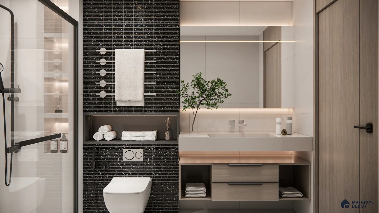 Sleek Black and White Modern Bathroom with Textured Wall Tiles | Material Depot